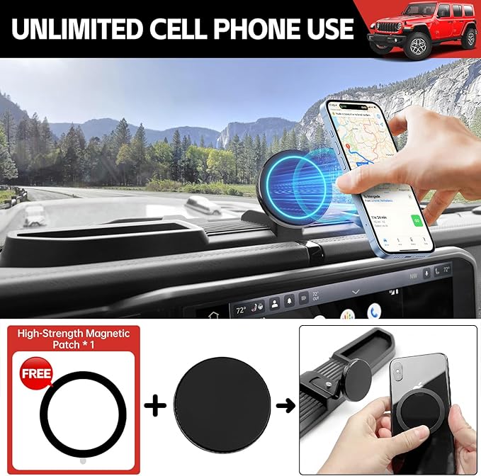 Magnetic Phone Mount Holder Fit for 2024+ Jeep Wrangler JL JLU&Gladiator JT Car Dashboard Multi-Mount Phone Holder Dash Tray for 2024 2025 Jeep JL/JT Accessories(2024+ 4X4, Not for 4XE)