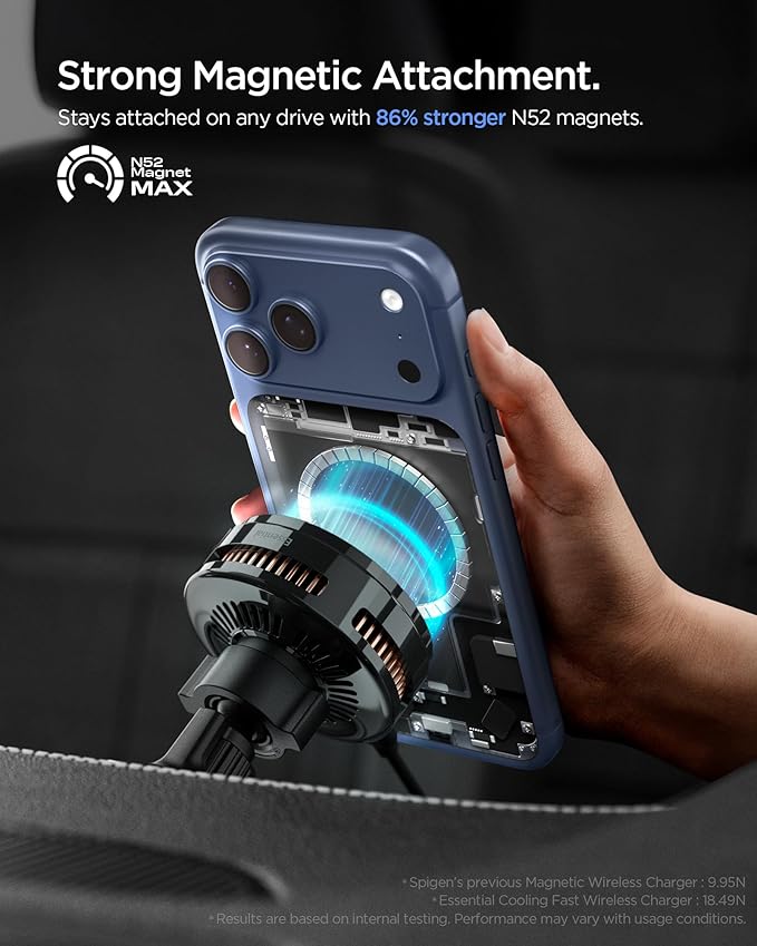 Spigen Cryomax MagFit Qi2.2 25W MagSafe Car Mount Wireless Charger [Ultra-Fast Charging Function w/Active Peltier Cooling] (Requires 45W Charging Adapter) Compatible with iPhone 17 16 15 14 13 Series
