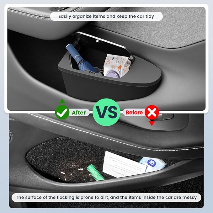 Front Door Storage Organizer Compatible with Tesla Model Y Juniper 2025 2026, 2 PCS Car Trash Can Trash Bin with Push-Open Lid Waterproof Side Door Storage Box - Black