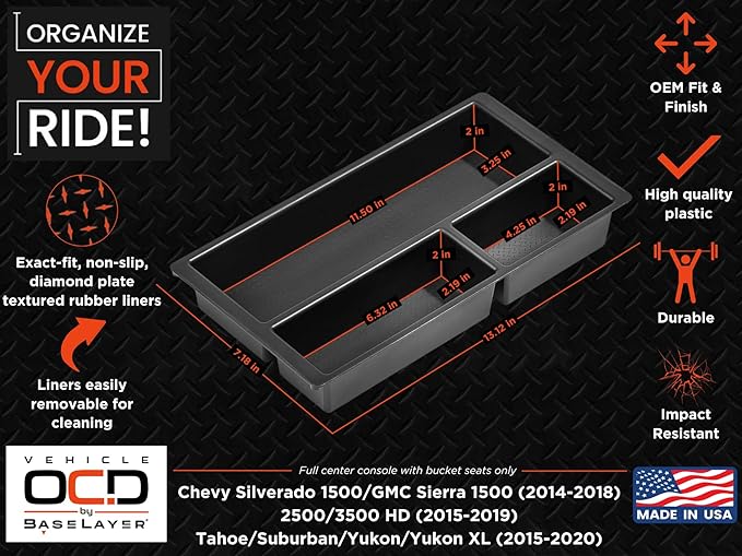 Vehicle OCD Center Console Organizer Tray for Chevy Silverado/GMC Sierra 1500 (2014-18) & 2500/3500 HD (2015-19) / Chevy Suburban/Tahoe/GMC Yukon (2015-20) - Made in USA - SLX123
