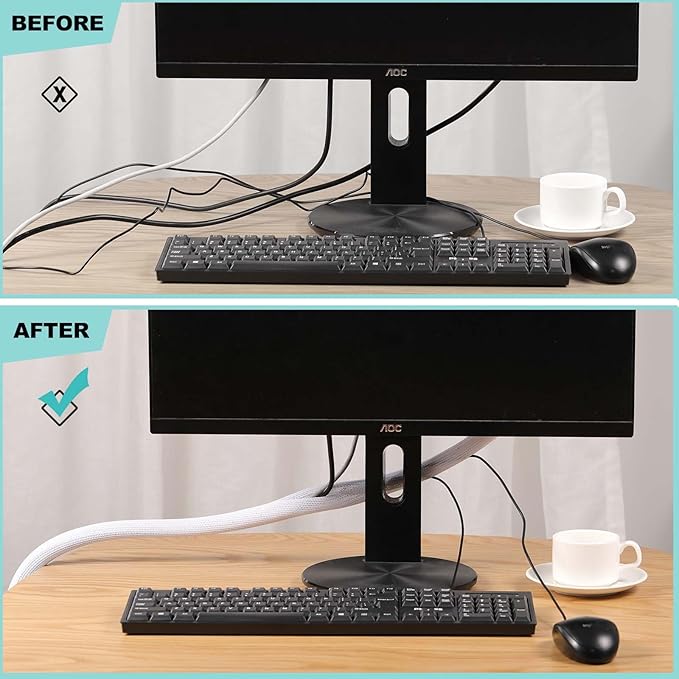 AGPTEK Cable Sleeve, 10ft - 1 inch Cable Management Desk Cord Cover Organizer Wire Hider for Home Office Computer TV Wire Loom Tubing Pet Proof Cord Protector from Cat Dog Chewing, Black