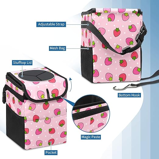 Pink Strawberry Car Trash Can with Lid Collapsible Reusable Waterproof Car Garage Bag,Automotive Garbage Can,Car Accessories Interior Car Organizer