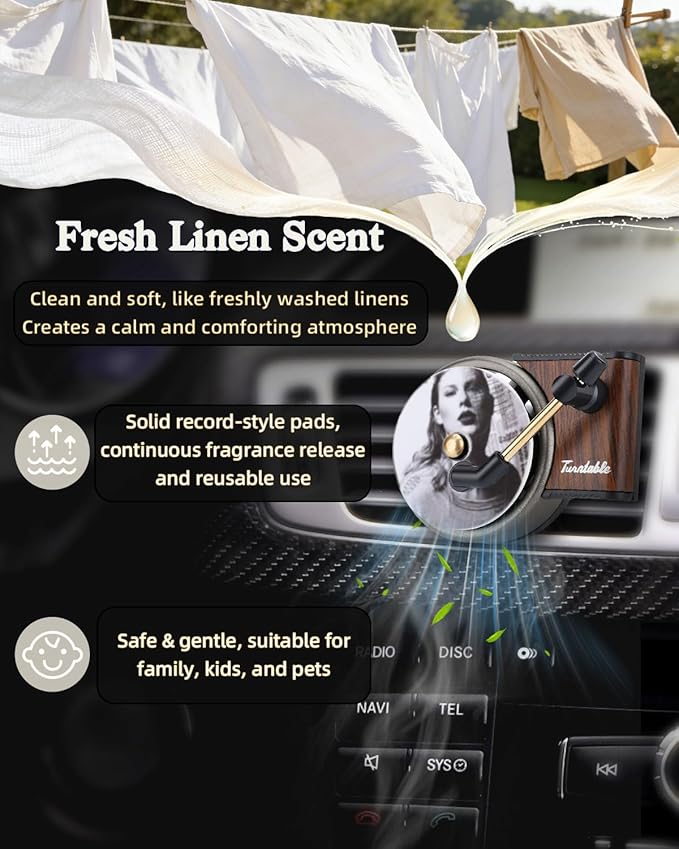 Record Player Car Air Freshener Vent Clip, 12PCS Vintage Album Style Refill Pads, Taylor Air Freshener Car Decor Accessories, Fresh Linen Scent Air Fresheners for Car, Music Lovers Gifts
