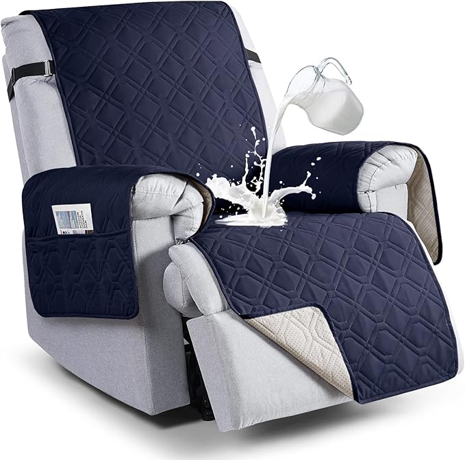 VANSOFY 100% Waterproof Recliner Chair Covers, Recliner Cover Non-Slip Dog Chair Cover Furniture Protector Washable Slipcover with Pocket, Elastic Straps for Pets, Dogs(Dark Blue, 28")