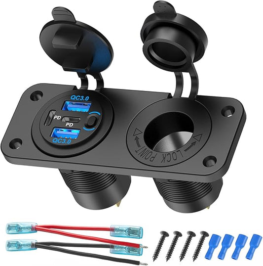 4 Port 12V USB Outlet Marine Switch Panel 12 Volt Plug, Dual PD30W and Dual QC18W USB Ports Car Charger with Switch, Waterproof 150W Cigarette Lighter Socket 2 in 1 DIY Kit for Car Marine Boat RV ATV