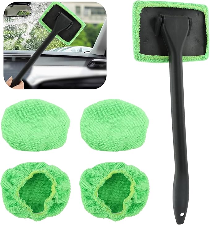 Windshield Cleaner Tool, Car Window Cleaner with Extendable Handle,5 Reusable Microfiber Pads,Windshield Cleaning Tool,Auto Glass Wiper for Car Detailing,Home Windows(Green)