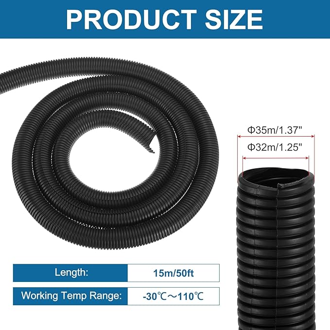MECCANIXITY 1 1/4 Inch 50ft Split Wire Loom Tubing, Flexible Cord Protectors with Installation Tool Cable Management Sleeve Conduits Cover for Office Home Electrical Automotive Wires, Black