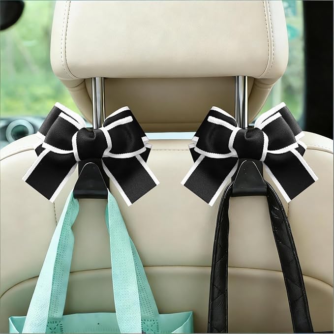2PCS Car Seat Headrest Hooks, Cute Bow Vehicle Backseat Storage Hanger for Handbag Umbrella Coat, Automotive Seat Back Hook Holder Organizer Decor, Universal for Vehicles (Black/White)