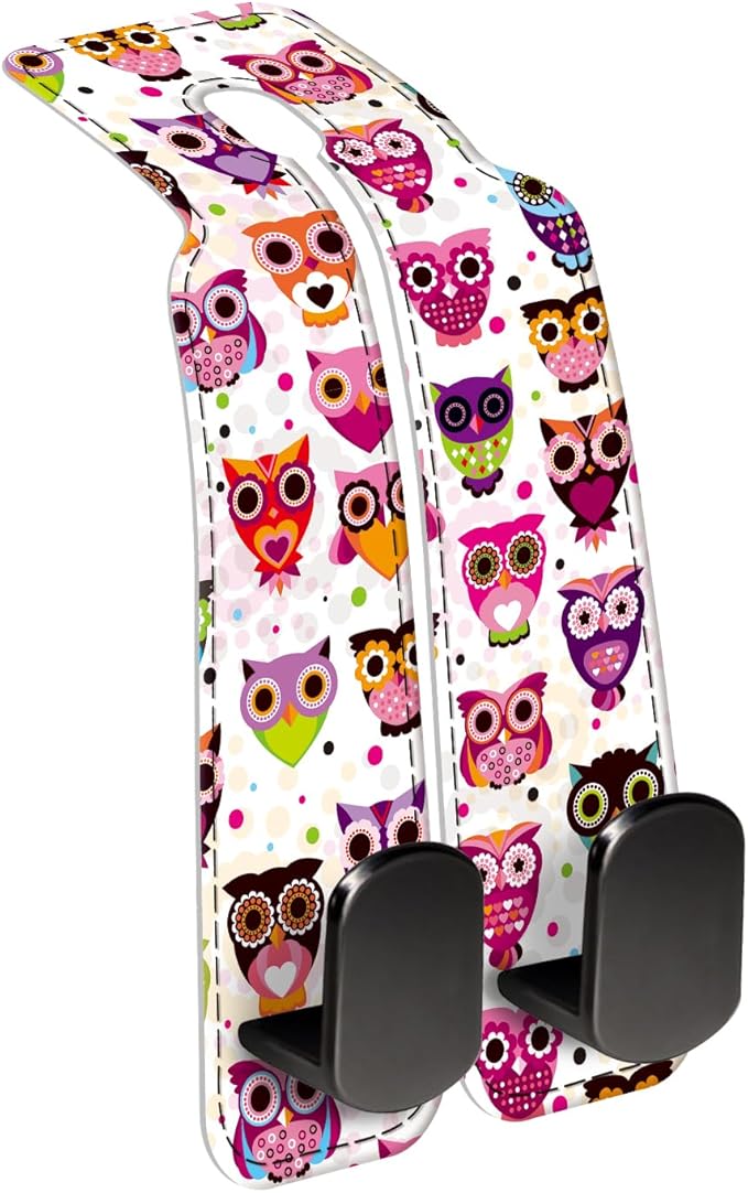 Car Seat Back Storage Headrest Hook, Premium Leather Double Metal Hook, Hanger Storage Organizer for Purse Cloth Bag, Car Interior Accessories Colorful Boho Owls