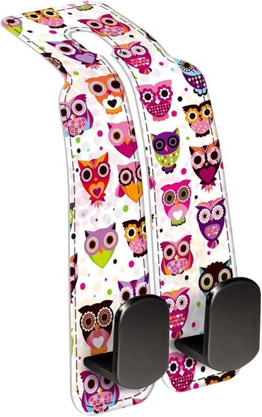 Car Seat Back Storage Headrest Hook, Premium Leather Double Metal Hook, Hanger Storage Organizer for Purse Cloth Bag, Car Interior Accessories Colorful Boho Owls