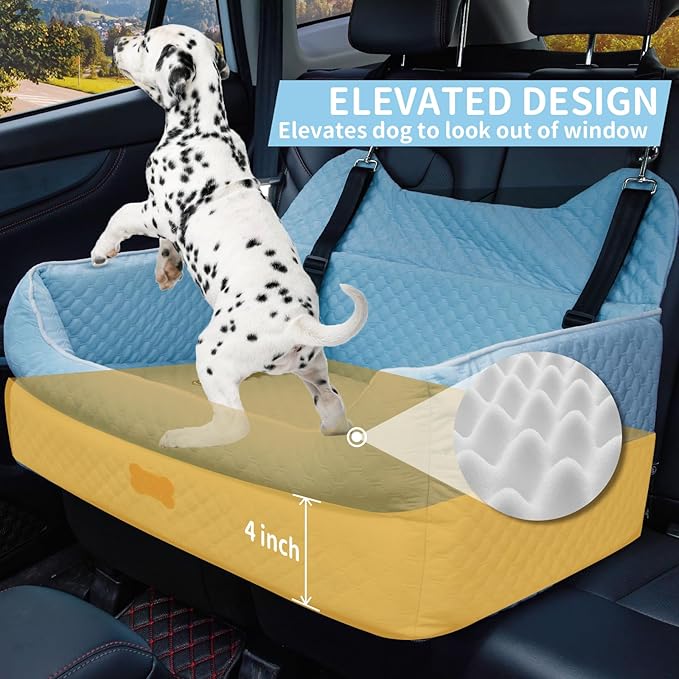 Dog Car Seat for Large/Medium Dogs - Memory Foam Dog Booster Seat for Under 55Lbs or 2 Small Dogs-Detachable and Washable Travel Bed with Thick Cushion and Storage Pockets-Blue