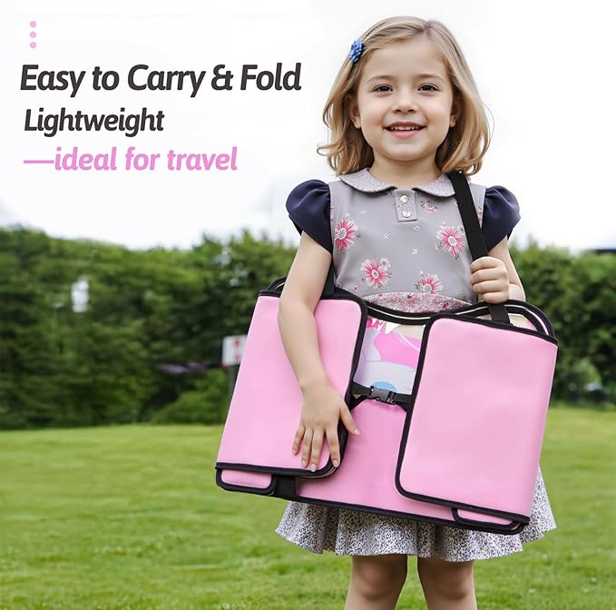 OUOZZZ Kids Travel Tray for Car - Girl's Safety Seat Table, Toddler Road Trip Essentials - Carseat/Airplane Lap Desk with Weight-Relief Strap, Non-Skid Silicone Base, Waterproof Dining/Craft Mat