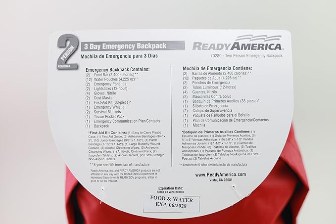 Ready America 70280 72 Hour Emergency Kit, 2-Person, 3-Day Backpack, Includes First Aid Kit, Survival Blanket, Portable Preparedness Go-Bag for Camping, Car, Earthquake, Travel, Hiking, and Hunting, Red