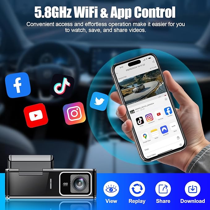 Dash Cam Front and Rear,4K+1080P Dual Channel Car Camera with Night Vision,Mini Dash Cam with 3.59" IPS Screen,5.8GHz WiFi,GPS,24H Parking Mode,G-Sensor,Loop Recording,U3 High Speed 64GB Card Included