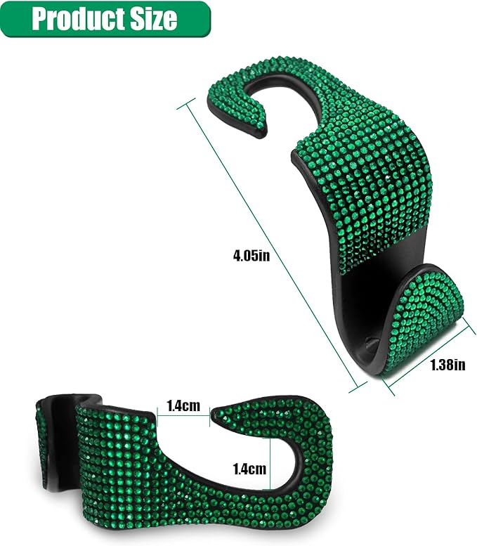 OSIFIT 2PCS Car Seat Hooks, Bling Car Rhinestone Headrest Hooks, Universal Bling Car Interior Accessories, for Handbag, Clothes, Purse, Water Bottle (Green)