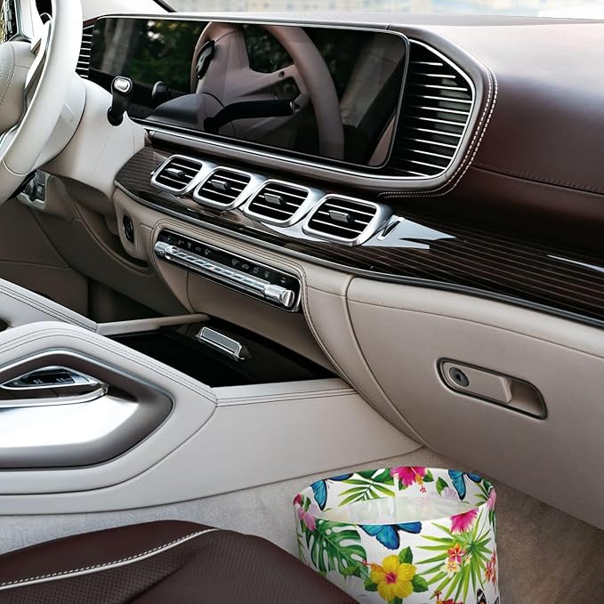 Car Trash Can Leaves Flowers Pattern Multipurpose Collapsible Leakproof Trash Bin Car Accessories for Car Automotive Truck SUV