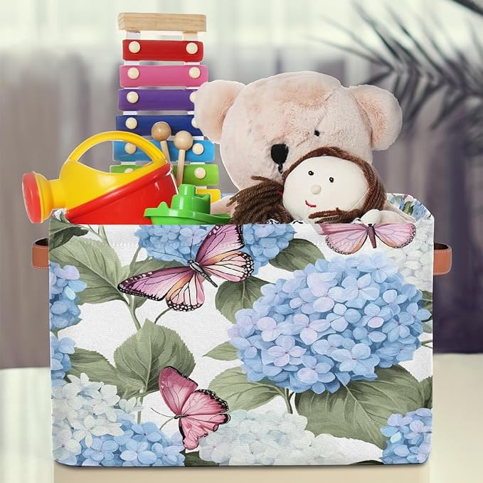 Blue Hydrangea Flowers Storage Baskets for Organizing, Fabric Collapsible Storage Bins Box Pink Butterfly Decorative Toy Organizer Baskets for Closet Shelves Gift Basket 2Pcs