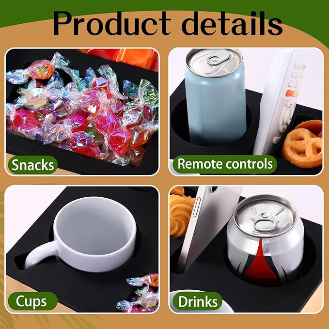 Yerliker Couch Cup Holder Tray, Silicone Lining Couch Caddy Waterproof Anti-spill Sofa Cup Holder for Bed Car Seat Organizer, Hold Mugs, Drinks, Snacks, Phones, Remotes(Rectangle,Black,Bamboo)