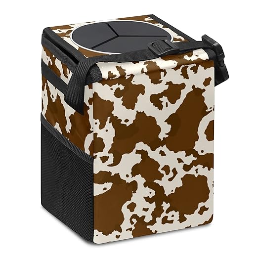 Brown Cow Print Car Trash Can with Lid Collapsible Reusable Waterproof Car Garage Bag,Automotive Garbage Can,Car Accessories Interior Car Organizer