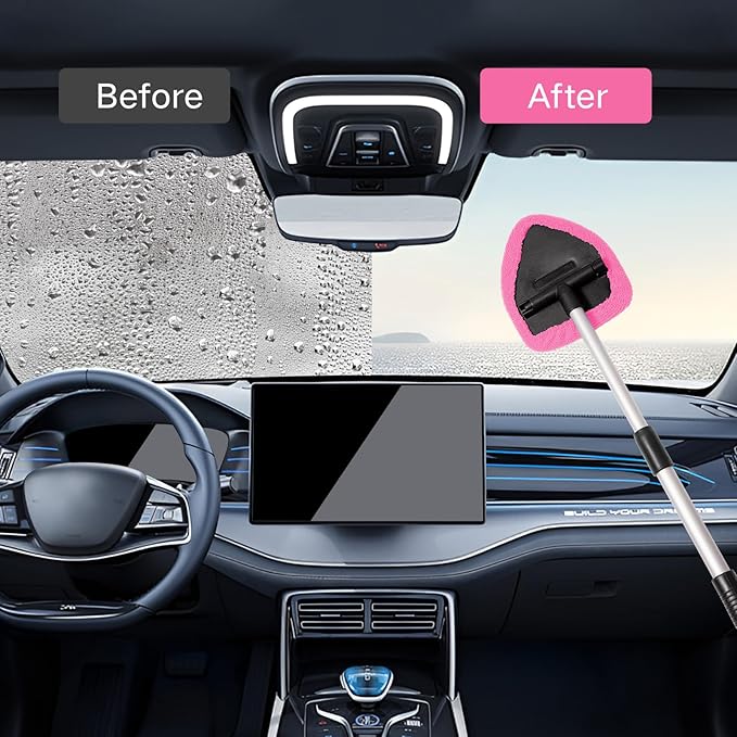 Qydipclin 7pcs Windshield Cleaner Tool Car Window Cleaning Wash Kit with 4 Reusable Microfiber Pads 1 Spray Bottle and Extendable Handle Auto Glass Wiper Kit, Pink