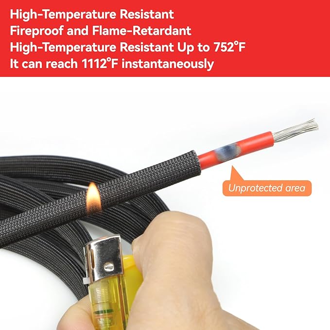 Braided Fiberglass Sleeve, 10ft High Temp Cable Sleeve, Flexible Cable Management Cable Protector for Car Wire Loom Protection (Black, 1/2")