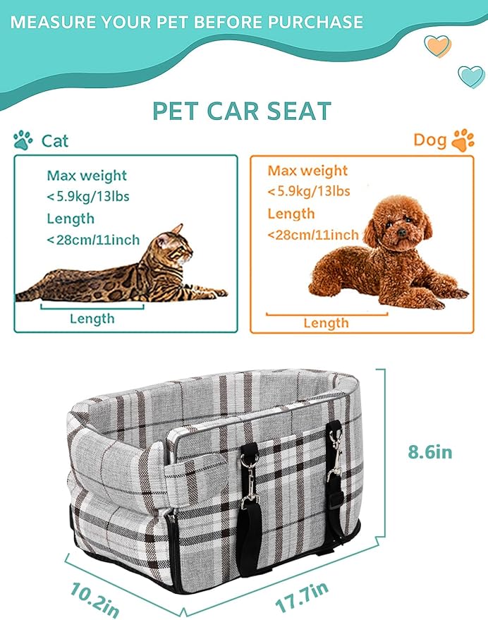 Prpeko Small Dog Car Seat, Portable Dog Seat with Soft Washable Cushion,Center Console Dog Car Seat for Small Dogs Up to 13lbs(Grid Grey)