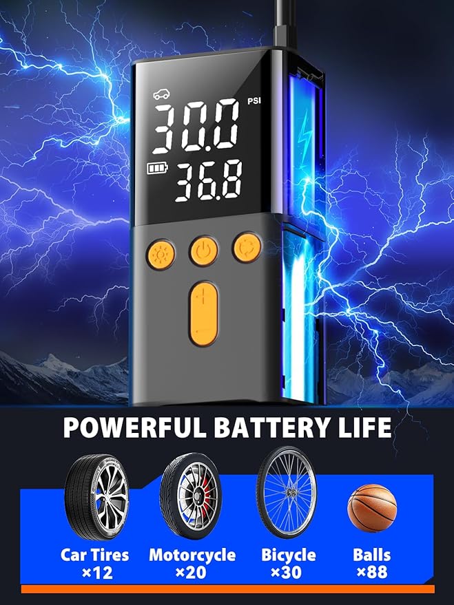 Portable Air Pump for Car Tires 150 PSI, 4X Faster Car Tire Pump with Digital Dual Values Display, Auto Off and Pressure Gauge Car Tire Inflator