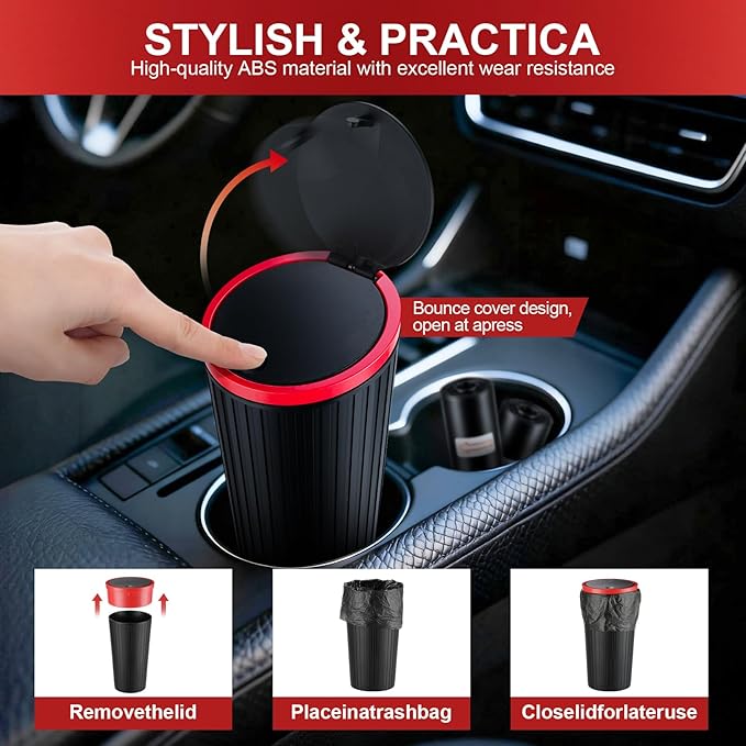 SINGARO 2PCS Car Trash Can with Lid, Leakproof Mini Garbage Bin for Car Cup Holder, Small Trash Can for Vehicle, Home & Office - Includes 60 Bags, Easy Clean (Black-Red)
