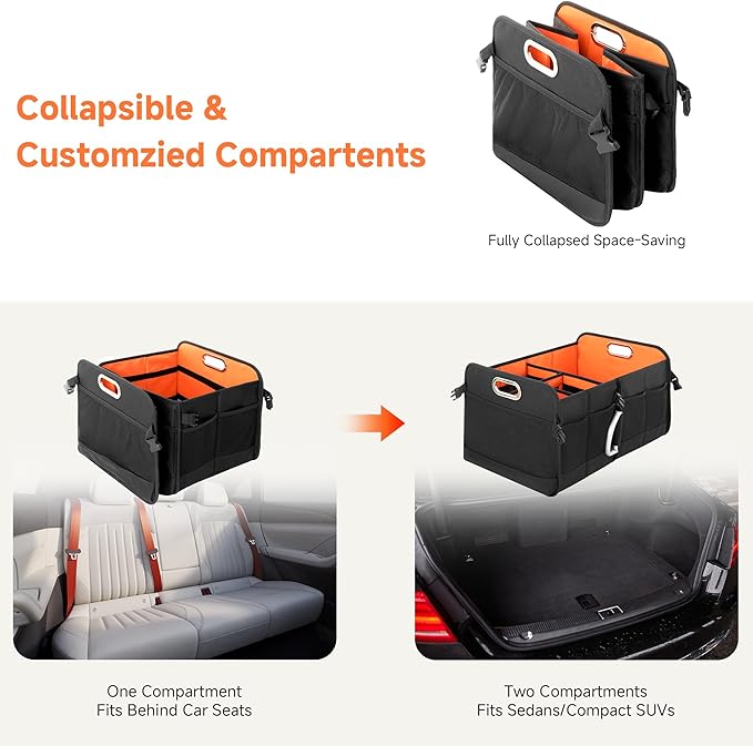 StorageWorks Trunk Organizer for SUV, Multi-Compartment Car Trunk Organizer, Car Organizer and storage with Aluminum Alloy Handle, Medium, Black and Orange, 1-Pack