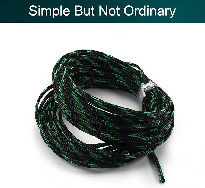 Aicosineg Black and Fluorescent Green PET Braided Sleeving 32.81 Ft Length 0.16 Inch Flat Width Cable Sleeve for Protect Cable 1Pcs