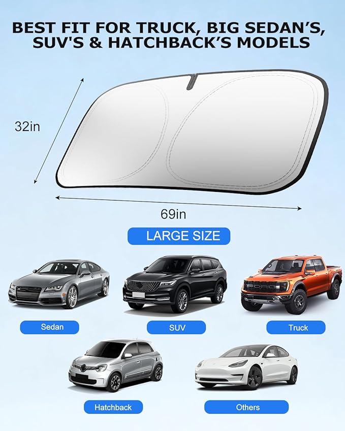 DMJN Front Windshield Sun Shade for Universal Large Size, [Nano Ice-Crystal Coatings] UPF50+ Heat & UV Block, Protect Car Interior & Keep Cool, Flodable Steel-Ring Car Cover for Summer