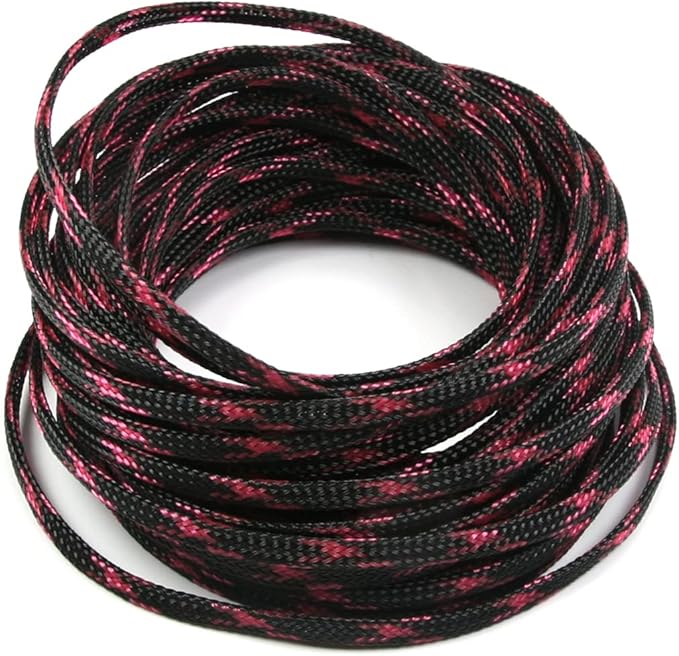 Aicosineg Cable Sleeve Braided Sleeving PET Wire Loom Tubing Cable 32.81ft-1/6inches Wrap Protector for HiFi Audio and Video Headphone Cable Protect Wires from Chewing of Pets Black and Pink