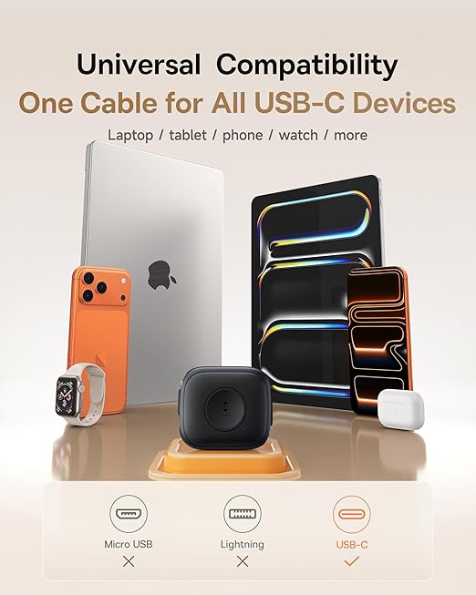 Baseus Retractable USB C Cable for Apple Watch, 100W 5A Fast Charging Cable with 2.5W Max Wireless Charger, Freely Adjustable Within 3ft, Type-C Cord for iPhone 17 Pro/Plus/Max, Galaxy S24, iPad Pro