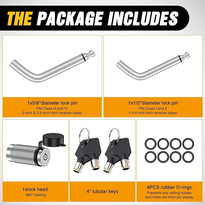 Nilight Trailer Hitch Lock Pin 1/2" & 5/8" Locking Receiver Hitch Pin Keyed Unique Weatherproof Anti-Theft Lockable Fits 2" 2-1/2" & 1-1/4"Receiver Tow Truck Boat Bike Truck Silver