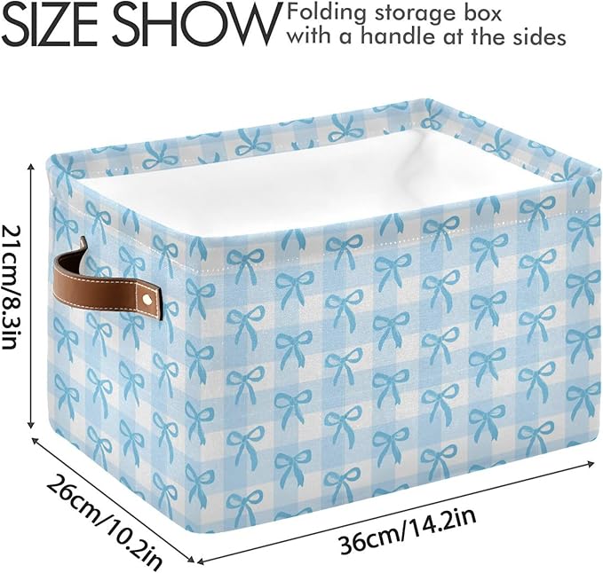 Wamika Bow Blue Storage Basket with Waterproof Liner and PU Handles Bowknot Cute White Storage Bins Boxes 14.2" Collapsible Decorative Organizer Baskets for Bedroom Closet Office 1 Pack