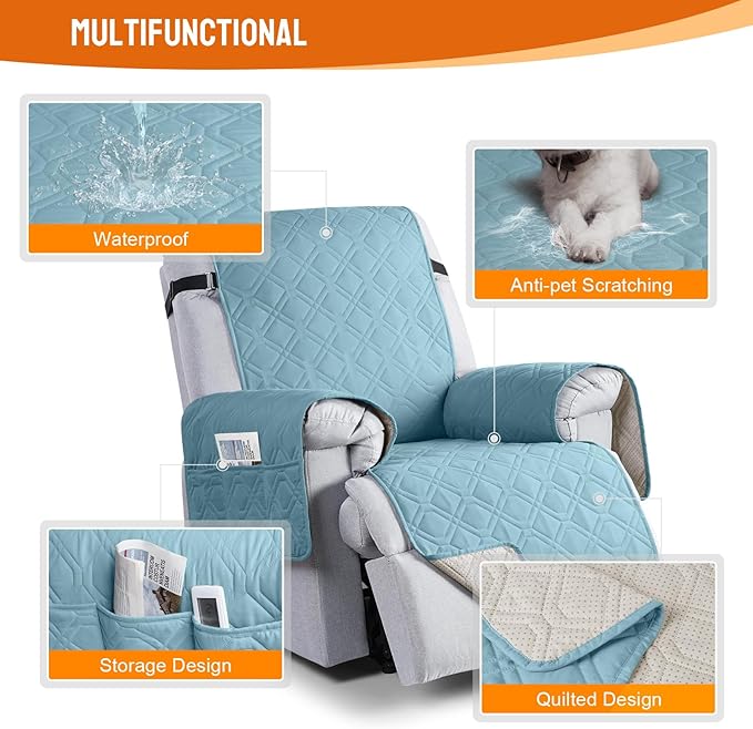VANSOFY 100% Waterproof Recliner Chair Covers, Recliner Cover Non-Slip Dog Chair Cover Furniture Protector Washable Slipcover with Pocket, Elastic Straps for Pets, Dogs(Azuree, 22")