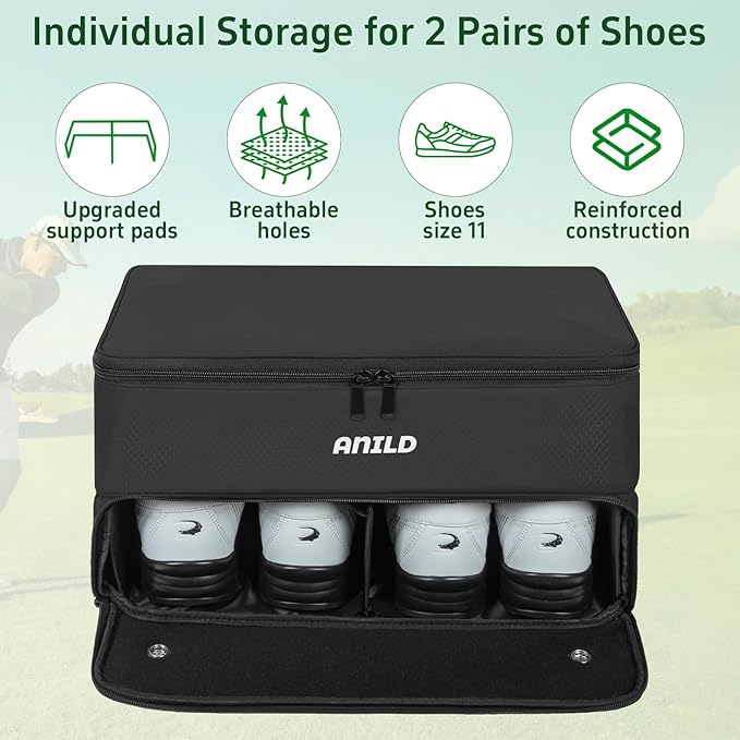 ANILD Golf Trunk Organizer, 2 Layer Golf Storage Case with Separate Ventilated Compartment for 2 Pair Shoes, for Balls, Tees, Clothes, Gloves, Accessories, Golfer Gifts