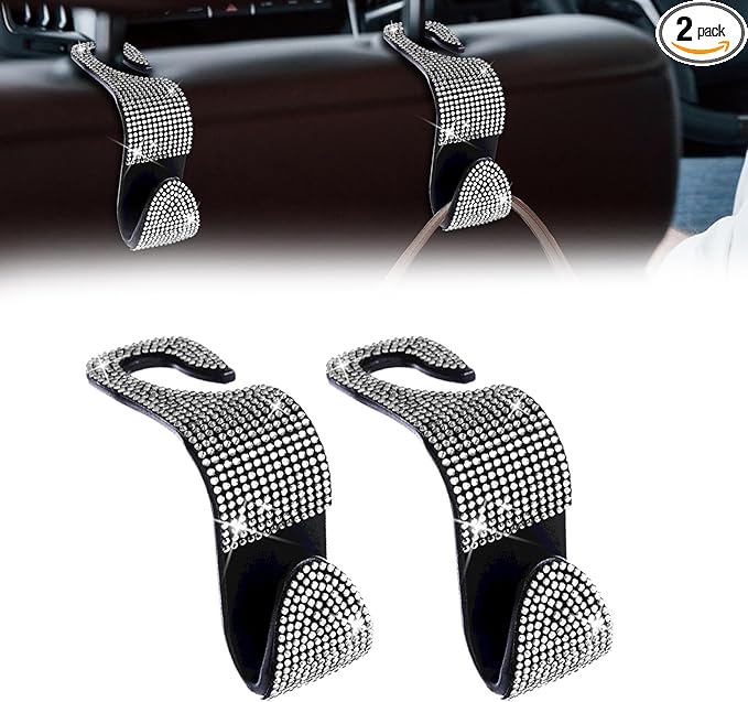 deemars 2 Pack Car Seat Headrest Hook, Bling Car Hooks Front Seat, Back Seat Organizer Hanger Storage Hook Car Purse Hook for Bags, Clothes, Coats, Grocery Bags (White)