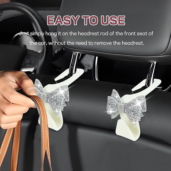2PCS Bling Bow Car Seat Headrest Hook, Cute Bow Purse Hanger for Cars, Crystal Rhinestone Auto Seat Back Storage Hanging Hooks for Handbag Umbrella Coat Grocery Bags, Car Accessories (White)