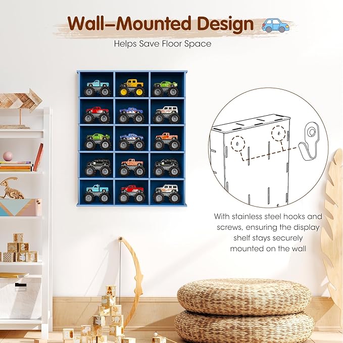 Trucks Display Shelf, 15 Slot Toy Cars Display Case, Wall Mounted Toy Truck Storage Organizer Holder, Blue