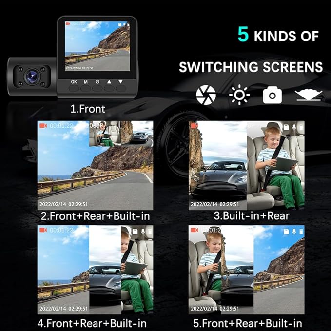 3 Channel Dash Cam 1080P Front and Rear Dash Camera for Cars Mini Dashcam Night Vision, Loop Recording, 24H Parking Mode, Waterproof