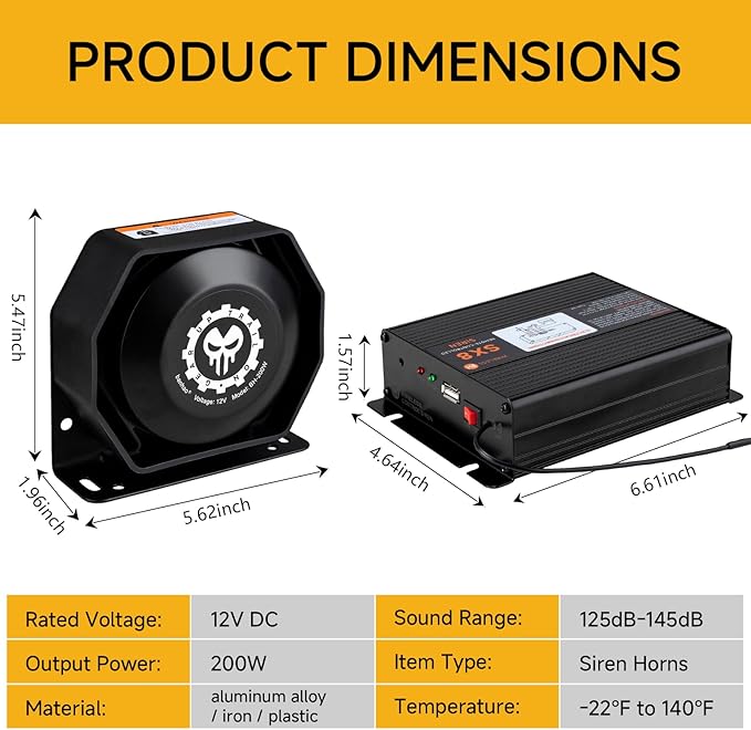Police Siren Speaker PA System Kit Warning Emergency Siren 12V 200W 125-145dB Remote Control with Handheld Microphone for Ambulance Vehicles Truck Car SUV ATV UTV