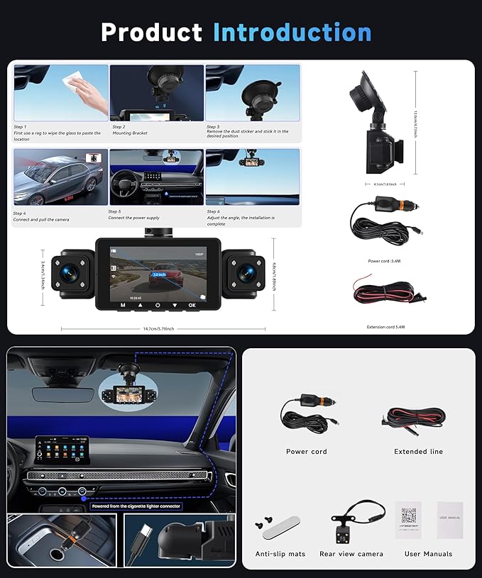 4 Channel 360° Dash Camera Front and Rear Inside Left Right, 3 Inch Dash Cam Support WiFi, Built-in Night Vision Sensitive Motion Detection 24/7 Recording Parking Mode Monitor Reversing Help