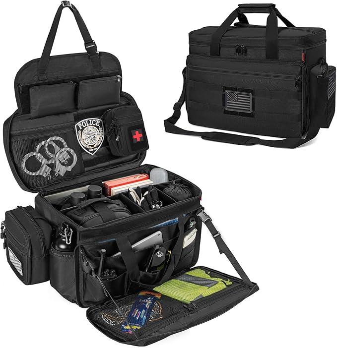 Patrol Bag Law Enforcement, Police Gear Bag Car Front Seat Organizer for Police with Laptop Layer and Cup Holders, MOLLE System, Fits Vehicle Passenger Seat Black