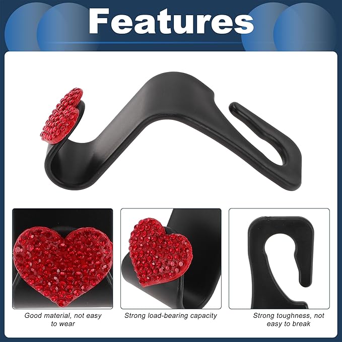 Car Seat Headrest Hook Interior Accessories for Most Car, SUV, Truck Car Seat Back Organizer Hooks Plastic Rhinestone Sturdy Red 2.4"x1.26"