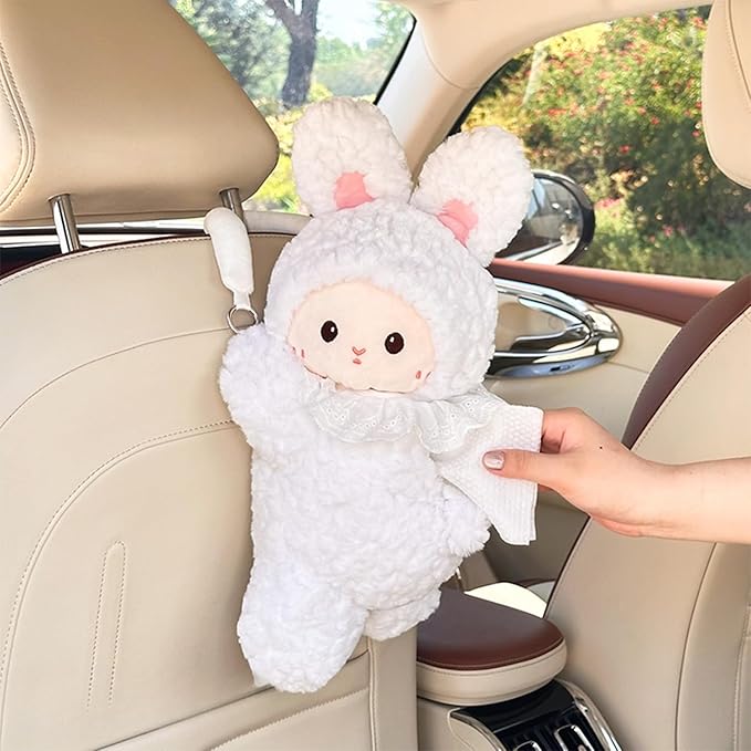 Car Tissue Holder Plush Animal Paper Towel Box Cute Rabbit Hanging Backseat Organizer for Cars Adorable Decorative Tissue Dispenser (Black Lamb)
