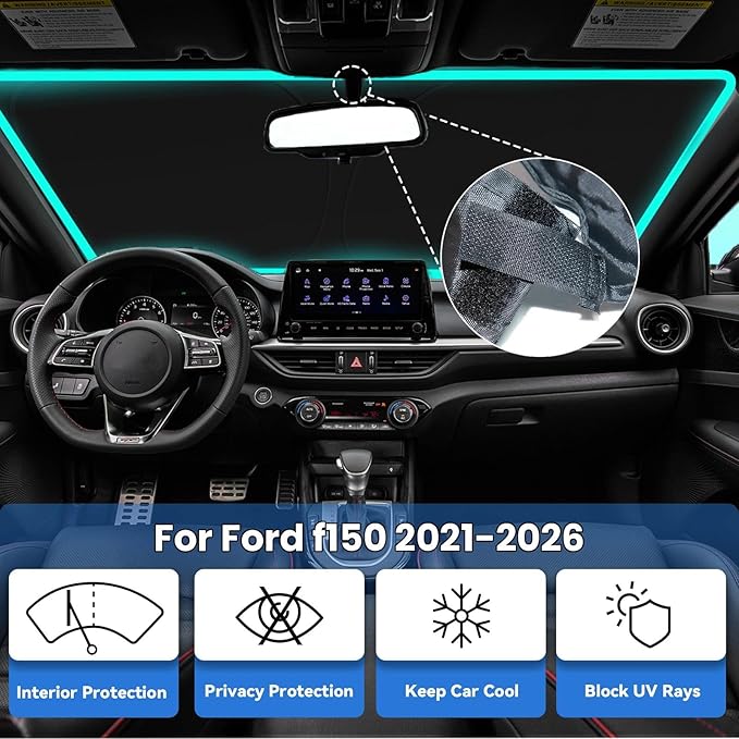 Windshield Sun Shade for Ford F-150 2021-2026, Car Front Window Sunshade with 240T Sun Visor Protector Blocks UV Rays Heat Sun Shield Accessories (Ford F150)