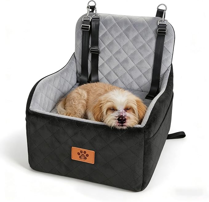 Dog Car Seat for Small/Medium Dogs, Dog Booster Seat with Thick Comfort Foam for Pets Up to 60 lbs, Washable & Detachable Pet Cars Seat with Safety Tether, Storage Pockets (Black+Gray) 1