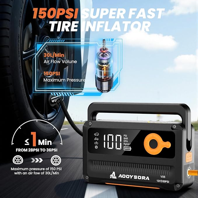 9-in-1 6000A Car Battery Jump Starter with Air Compressor 26800mAh, 150PSI 12V Portable Jump Box with Auto-Shutoff Tire Inflator, 3 Modes Flashlight and Jumper Cables(All Gas/12L Diesel)