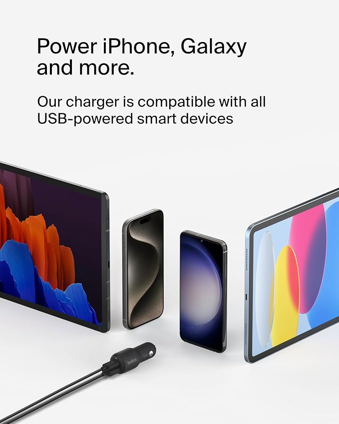 Belkin BoostCharge 42-Watt Dual Port Fast Car Charger w/30W USB-C & 12W USB-A Ports, USB-C to C Cable Included for iPhone 16, 16 Pro, Galaxy S25, S24, Pixel 9 & 8, Nintendo Switch 2 & More - Black